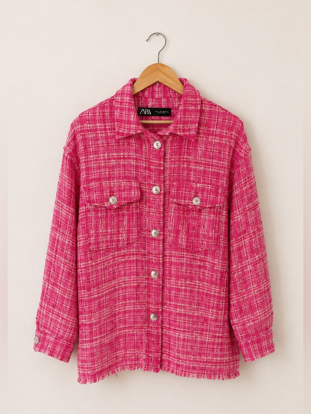 Zara Pink Plaid Fringe Hem Shacket Large